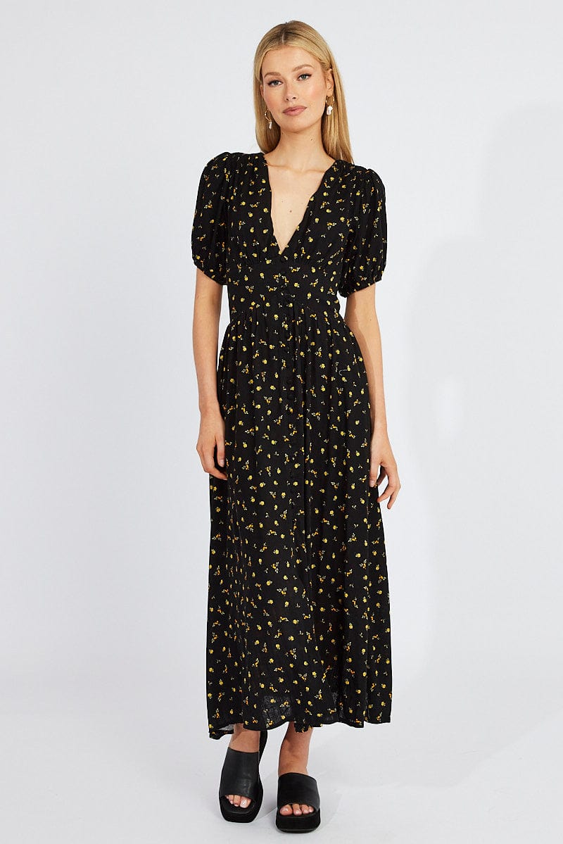 Black Floral Midi Dress Puff Sleeve