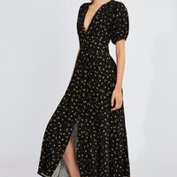 Black Floral Midi Dress Puff Sleeve