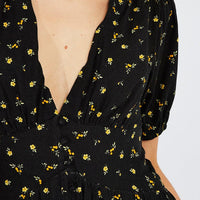 Black Floral Midi Dress Puff Sleeve