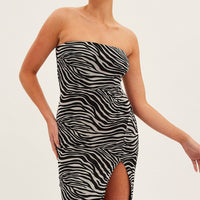Black Animal Print Bodycon Dress Midi Strapless Side Split Mesh