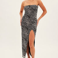 Black Animal Print Bodycon Dress Midi Strapless Side Split Mesh