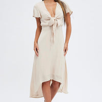 Beige Midi Dress Short Sleeve Tie Back Satin