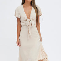 Beige Midi Dress Short Sleeve Tie Back Satin