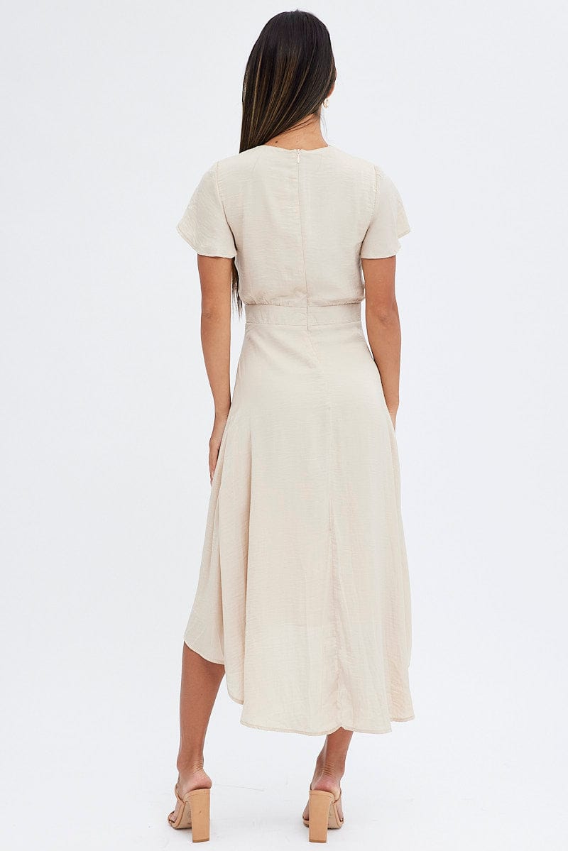 Beige Midi Dress Short Sleeve Tie Back Satin