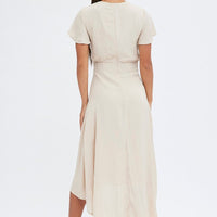 Beige Midi Dress Short Sleeve Tie Back Satin