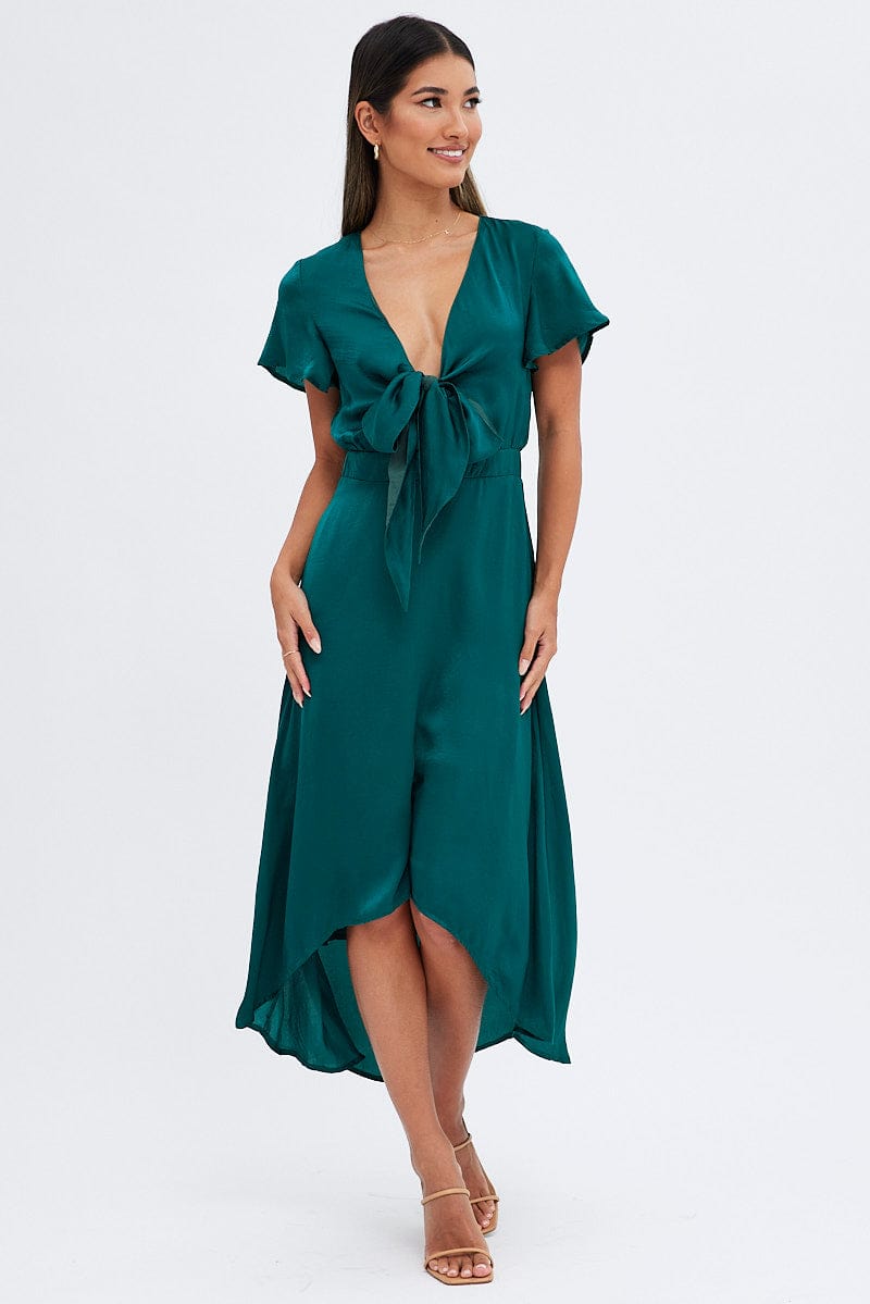 Green Midi Dress Short Sleeve Tie Back Satin