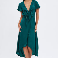Green Midi Dress Short Sleeve Tie Back Satin