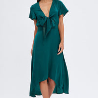 Green Midi Dress Short Sleeve Tie Back Satin