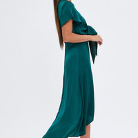 Green Midi Dress Short Sleeve Tie Back Satin