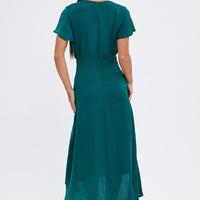 Green Midi Dress Short Sleeve Tie Back Satin