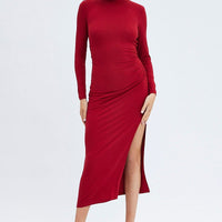 Red Midi Dress Long Sleeve High Neck Rib Jersey