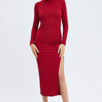 Red Midi Dress Long Sleeve High Neck Rib Jersey