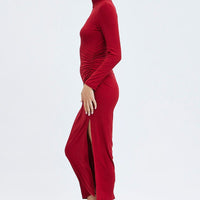 Red Midi Dress Long Sleeve High Neck Rib Jersey