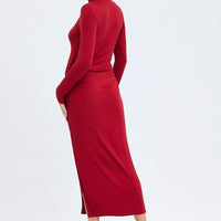 Red Midi Dress Long Sleeve High Neck Rib Jersey