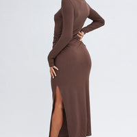 Brown Midi Dress Long Sleeve High Neck Rib Jersey