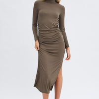Green Midi Dress Long Sleeve High Neck Rib Jersey