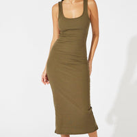 Green Midi Dress Sleeveless Bodycon Rib
