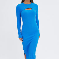 Blue Midi Dress Long Sleeve Mock Neck Cut Out Bodycon