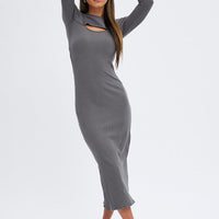 Grey Midi Dress Long Sleeve Mock Neck Cut Out Bodycon