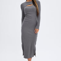 Grey Midi Dress Long Sleeve Mock Neck Cut Out Bodycon