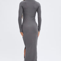 Grey Midi Dress Long Sleeve Mock Neck Cut Out Bodycon