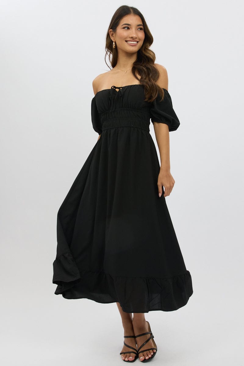 Black Midi Dress Short Sleeve Ruched Bust