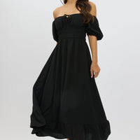 Black Midi Dress Short Sleeve Ruched Bust