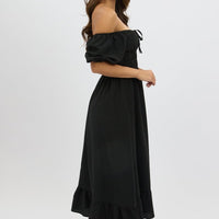 Black Midi Dress Short Sleeve Ruched Bust