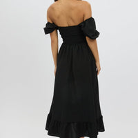 Black Midi Dress Short Sleeve Ruched Bust