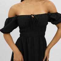 Black Midi Dress Short Sleeve Ruched Bust