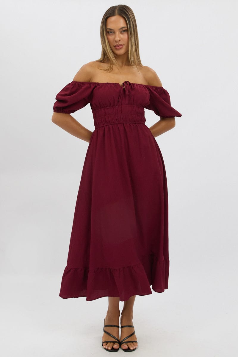 Red Midi Dress Short Sleeve Ruched Bust