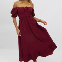 Red Midi Dress Short Sleeve Ruched Bust