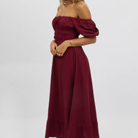 Red Midi Dress Short Sleeve Ruched Bust