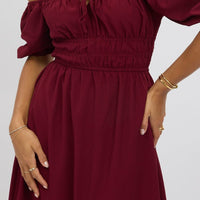 Red Midi Dress Short Sleeve Ruched Bust