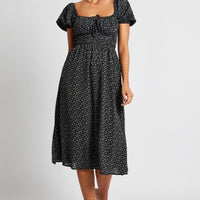 Black Ditsy Midi Dress Short Sleeve Ruched Bust