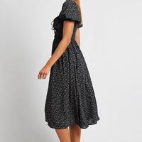 Black Ditsy Midi Dress Short Sleeve Ruched Bust