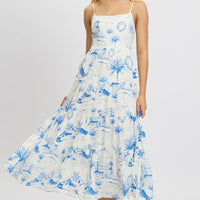 Blue Abstract Maxi Dress Tiered Strappy