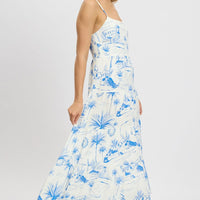Blue Abstract Maxi Dress Tiered Strappy