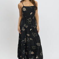 Black Abstract Midi Dress Tiered Strappy