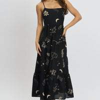 Black Abstract Midi Dress Tiered Strappy