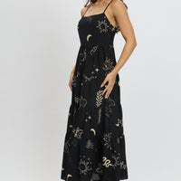 Black Abstract Midi Dress Tiered Strappy
