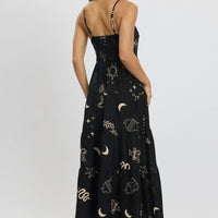 Black Abstract Midi Dress Tiered Strappy