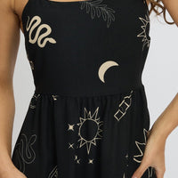 Black Abstract Midi Dress Tiered Strappy
