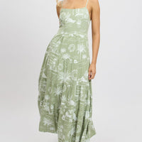 Green Abstract Maxi Dress Tiered Strappy