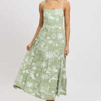 Green Abstract Maxi Dress Tiered Strappy