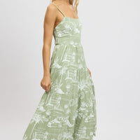 Green Abstract Maxi Dress Tiered Strappy