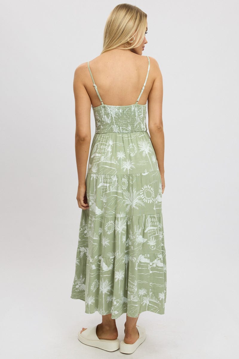 Green Abstract Maxi Dress Tiered Strappy