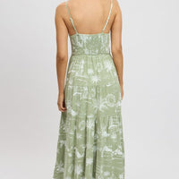 Green Abstract Maxi Dress Tiered Strappy
