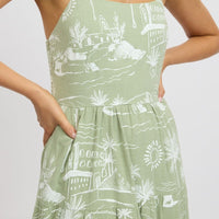 Green Abstract Maxi Dress Tiered Strappy