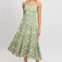 Green Abstract Midi Dress Tiered Strappy